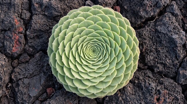 Green succulent rosette plant growing on dark volcanic rock background with spiral pattern.