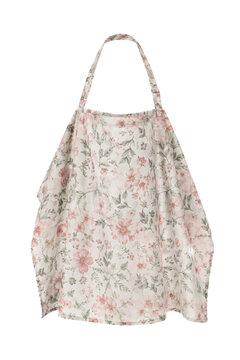 Light pink floral patterned nursing cover with an adjustable strap is displayed on a white background