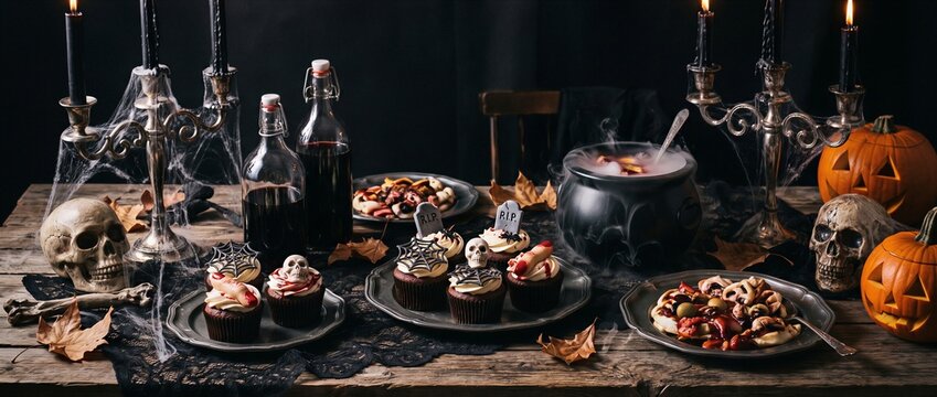 Halloween table serves cupcakes, treats, snacks, and a steaming cauldron drink. Skulls, pumpkins, and candles create a haunted feast. Seasonal party menu.
