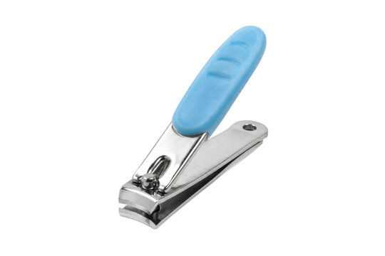Single shiny silver metal nail clipper with a light blue plastic handle, isolated on a clean white background