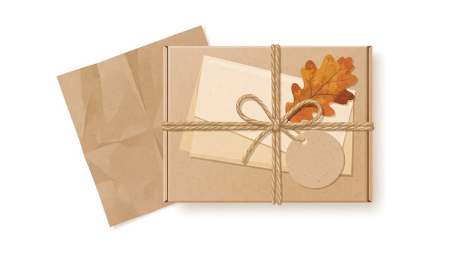 Small cardboard gift box wrapped with twine string and decorated with a dried autumn leaf and blank paper tag