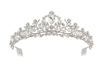 Elegant silver bridal tiara adorned with sparkling clear crystals and intricate leaf designs, isolated on a clean white background © no one