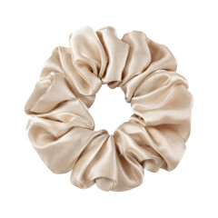 Obraz na płótnie Canvas Single elegant beige silk scrunchie, neatly arranged with soft folds, captured on a clean white background with even lighting