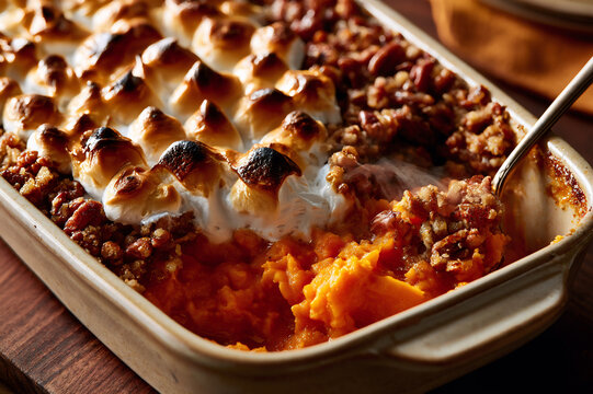 sweet potato casserole topped with toasted marshmallows and pecans