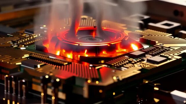 Futuristic circuit board with glowing red central processor emitting flames and smoke, cinematic macro animation of advanced electronic technology in a dark laboratory setting