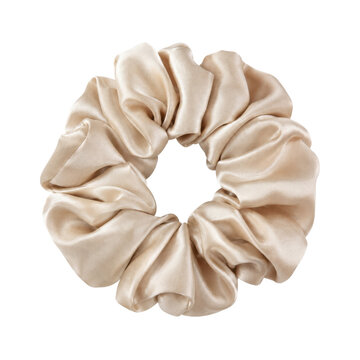 Single elegant beige silk scrunchie, neatly arranged with soft folds, captured on a clean white background with even lighting
