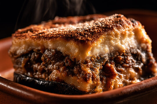 Greek moussaka showing layered eggplant and bechamel
