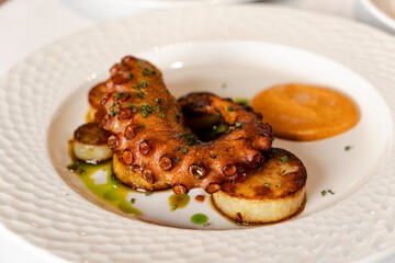 Octopus Tentacle with Potato on White Tablecloth © Blessape
