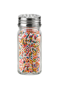 Clear glass shaker filled with vibrant, colorful round sprinkles and a shiny metal lid, isolated on a clean white background