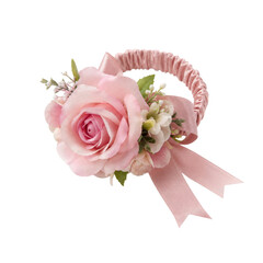 Obraz premium Elegant pink artificial rose corsage with delicate small flowers and a matching ribbon, presented on a clean white background
