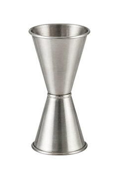 Shiny silver metal cocktail jigger with a brushed finish stands upright on a clean white background, captured with bright studio lighting