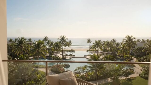 Luxury tropical beach resort with ocean view from elegant hotel balcony, sheer curtains, comfortable outdoor seating, swimming pool, palm trees and relaxing vacation atmosphere in a sunny coastal dest