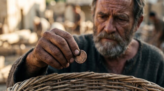 Elderly biblical laborer examining a single denarius coin in his weathered hand above a harvest basket in the Parable of the Workers in the Vineyard.