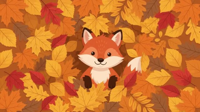 Cute Fox Resting in a Pile of Colorful Autumn Leaves Vector Illustration Scene