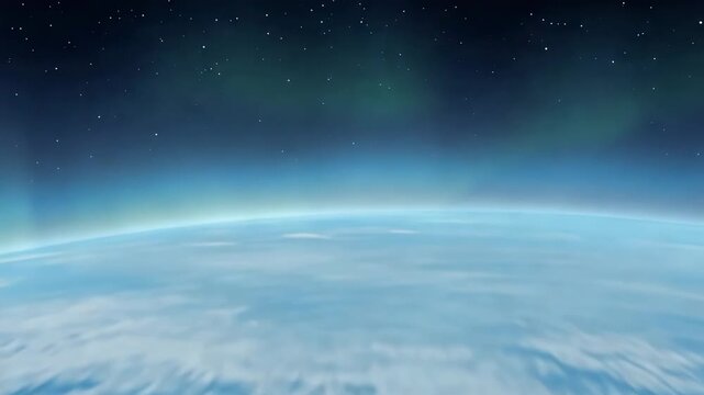 Planet Earth horizon viewed from orbit as glowing aurora sweeps across the atmosphere beneath a star filled sky, cinematic space animation