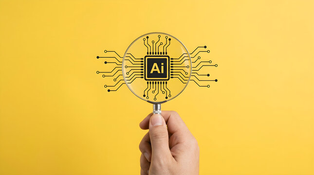 Artificial Intelligence Research Concept Hand Holding Magnifying Glass Over Circuit Board Icon