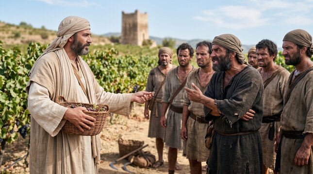 Vineyard owner offering a single denarius coin to an angry complaining laborer in the biblical Parable of the Workers in the Vineyard.