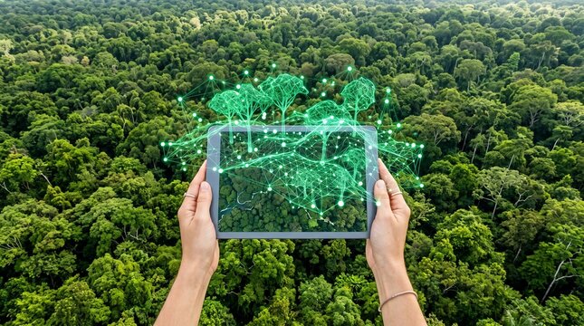 Hands holding a tablet displaying a 3D digital wireframe model of trees over a vast green rainforest canopy symbolizing environmental monitoring and innovative forest conservation technology.