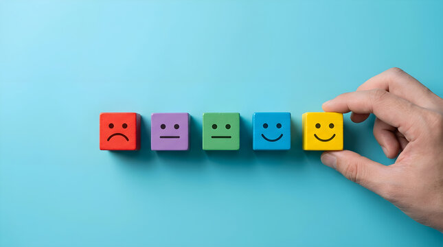 Customer Sentiment Analysis Concept Hand Placing Yellow Smiley Face Wooden Block