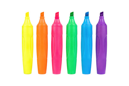 Six colorful plastic highlighters with chiseled tips are neatly arranged in a row against a clean white background
