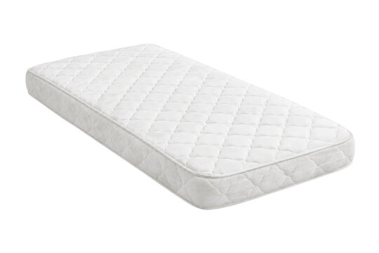 Clean white quilted mattress with soft texture is captured from an elevated perspective on a plain white background