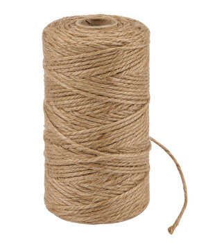 Large cylindrical spool of natural brown jute twine, neatly wound with a loose end, isolated on a clean white background