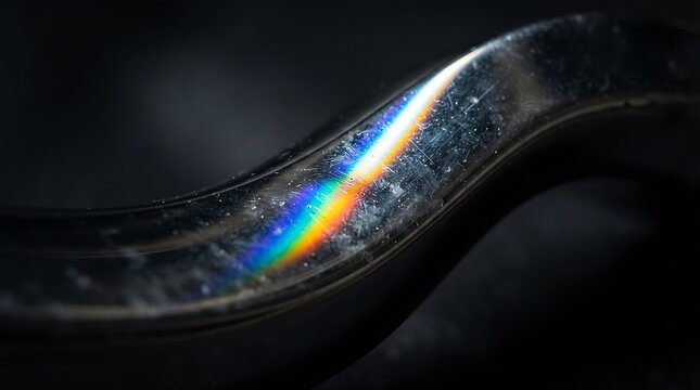 Abstract rainbow spectrum reflection on curved metal surface photo, macro refraction light on polished chrome background