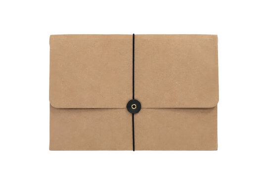 Simple brown kraft paper envelope with a black string and button closure, isolated on a clean white background