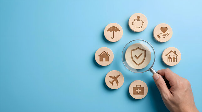 Insurance Protection Concept Hand Holding Magnifying Glass Over Wooden Shield Icon