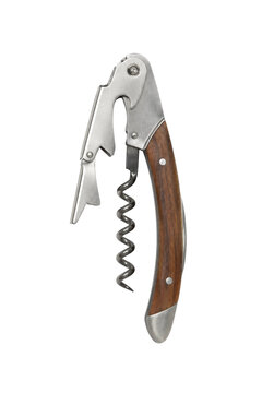 Classic waiter's corkscrew with a dark wooden handle and brushed metal accents is displayed on a clean white background