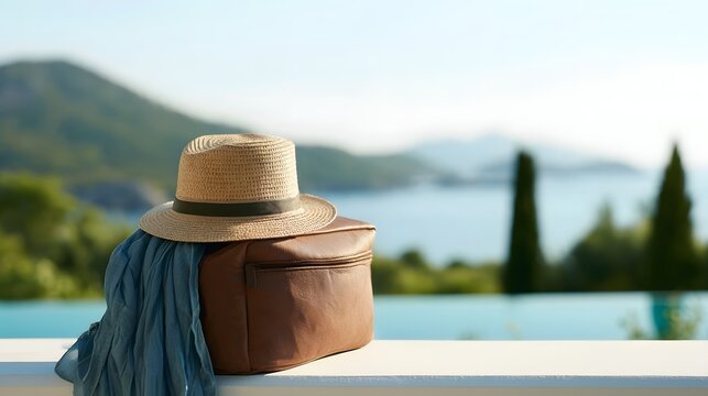 A straw hat and leather bag rest on a white ledge overlooking a serene coastal landscape with mountains and trees