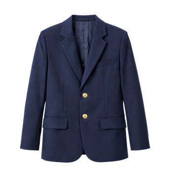 Classic navy blue men's blazer with two gold buttons and flap pockets, neatly displayed on a white background