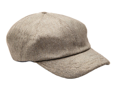 Stylish beige and brown herringbone patterned baseball cap is captured in a studio shot on a clean white background