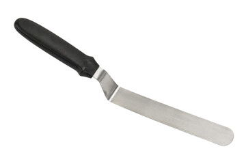 Fototapeta premium Professional stainless steel offset spatula with a black plastic handle is angled on a clean white background