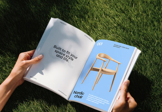 Open Magazine Mockup PSD On Grass Showcasing Modern Furniture Design