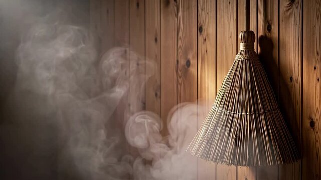 Sauna Whisk In Steamy Wooden Room.