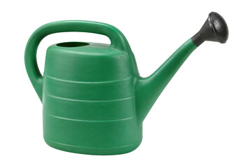 Vibrant green plastic watering can with a black sprinkler head is prominently displayed on a clean white background © no one