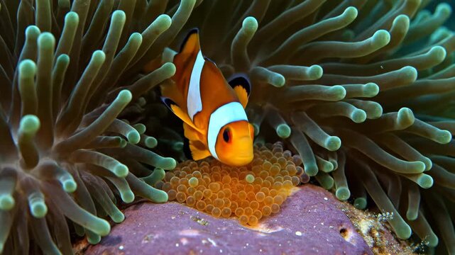 A clownfish nests with its eggs while anemone tentacles sway in the ocean depths