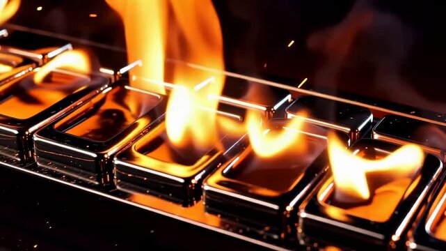 Glowing flames sweep across aligned black metallic rectangular objects as sparks rise, creating a dramatic fiery abstract animation with reflective surfaces in close-up