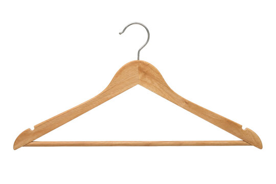 Single light brown wooden clothes hanger with a shiny metal hook is isolated on a clean white background