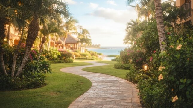 A serene tropical resort pathway winding through lush palm trees and vibrant flowers leading toward a calm ocean view under a warm, golden sunset sky international students day