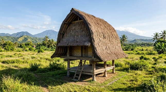 Traditional Hut in Lush Green Rice Paddies with Mountains and Blue Sky