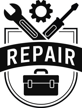 Repair service logo with wrench screwdriver and gear inside a shield emblem with toolbox