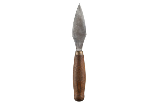 Ancient metal spearhead with a rustic wooden handle is positioned vertically on a clean white background, showcasing its historical craftsmanship