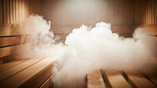 Steam Filled Sauna Interior With Wooden Benches.
