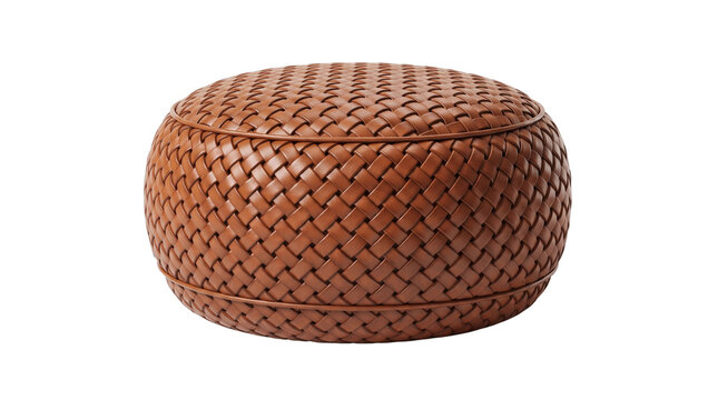 Woven leather ottoman in cognac brown, round handcrafted leather pouf for home decor, luxury tan leather footstool with braided texture isolated PNG with Transparent Background