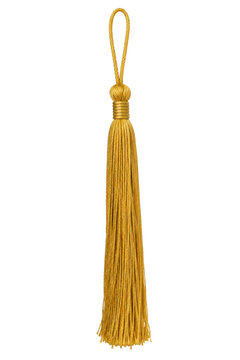 Single shiny golden yellow tassel with a looped top and tightly bound threads, isolated on a clean white background