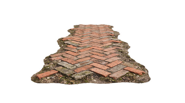 Vintage Weathered Red Brick Path with Herringbone Pattern Isolated on White Background - Worn Stone Walkway Asset for Architectural Design and 3D Rendering