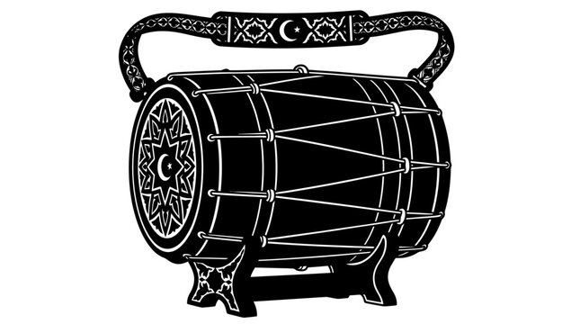 Black silhouette of a rima drum with ornate details and a crescent moon