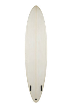 Vintage off-white surfboard with two black fins and a central stringer, captured vertically on a clean white background